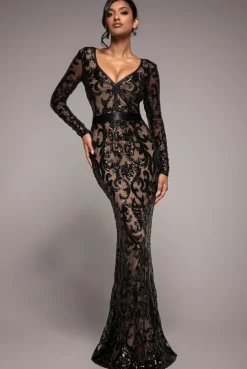 Embroidered Sequin & Mesh Maxi Dress - Black by Goddiva