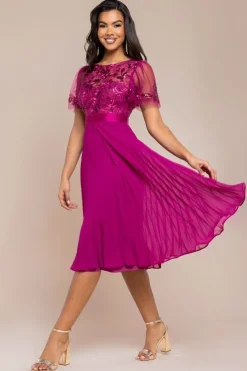 Embroidered Top Chiffon Pleated Midi - Magenta by Goddiva