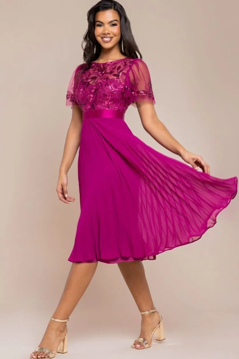 Embroidered Top Chiffon Pleated Midi - Magenta by Goddiva
