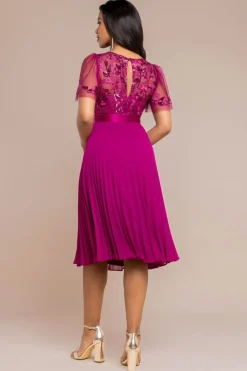 Embroidered Top Chiffon Pleated Midi - Magenta by Goddiva