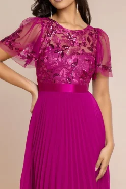 Embroidered Top Chiffon Pleated Midi - Magenta by Goddiva