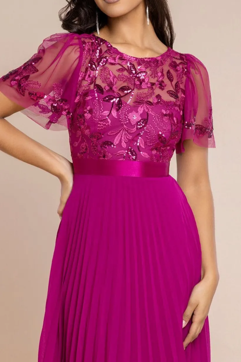Embroidered Top Chiffon Pleated Midi - Magenta by Goddiva