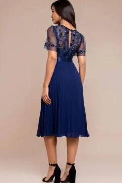 Embroidered Top Chiffon Pleated Midi - Navy Blue by Goddiva