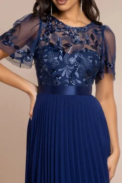 Embroidered Top Chiffon Pleated Midi - Navy Blue by Goddiva