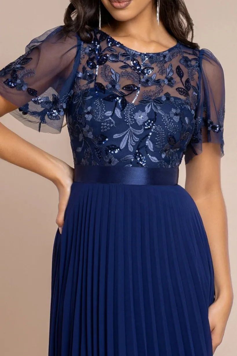 Embroidered Top Chiffon Pleated Midi - Navy Blue by Goddiva