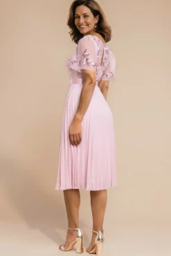 Embroidered Top Chiffon Pleated Midi - Blush Pink by Goddiva