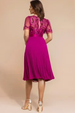 Embroidered Top Chiffon Pleated Midi - Magenta by Goddiva