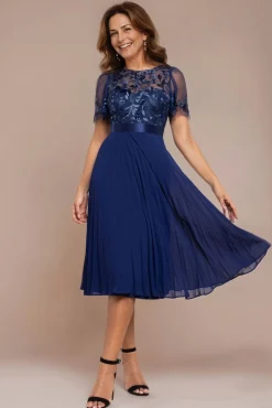 Embroidered Top Chiffon Pleated Midi - Navy Blue by Goddiva