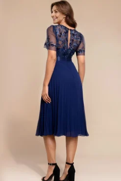 Embroidered Top Chiffon Pleated Midi - Navy Blue by Goddiva