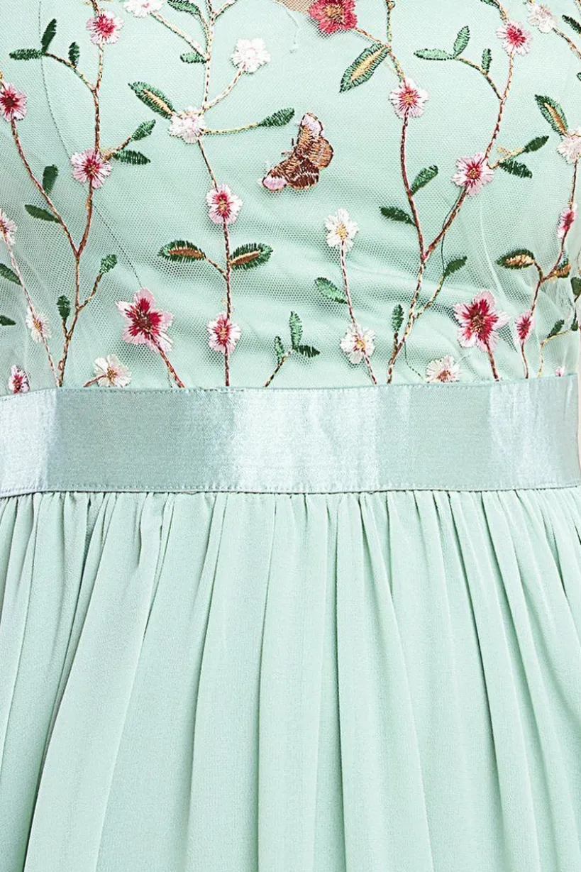 Embroidered Top Flutter Sleeve Maxi - Sage Green by Goddiva
