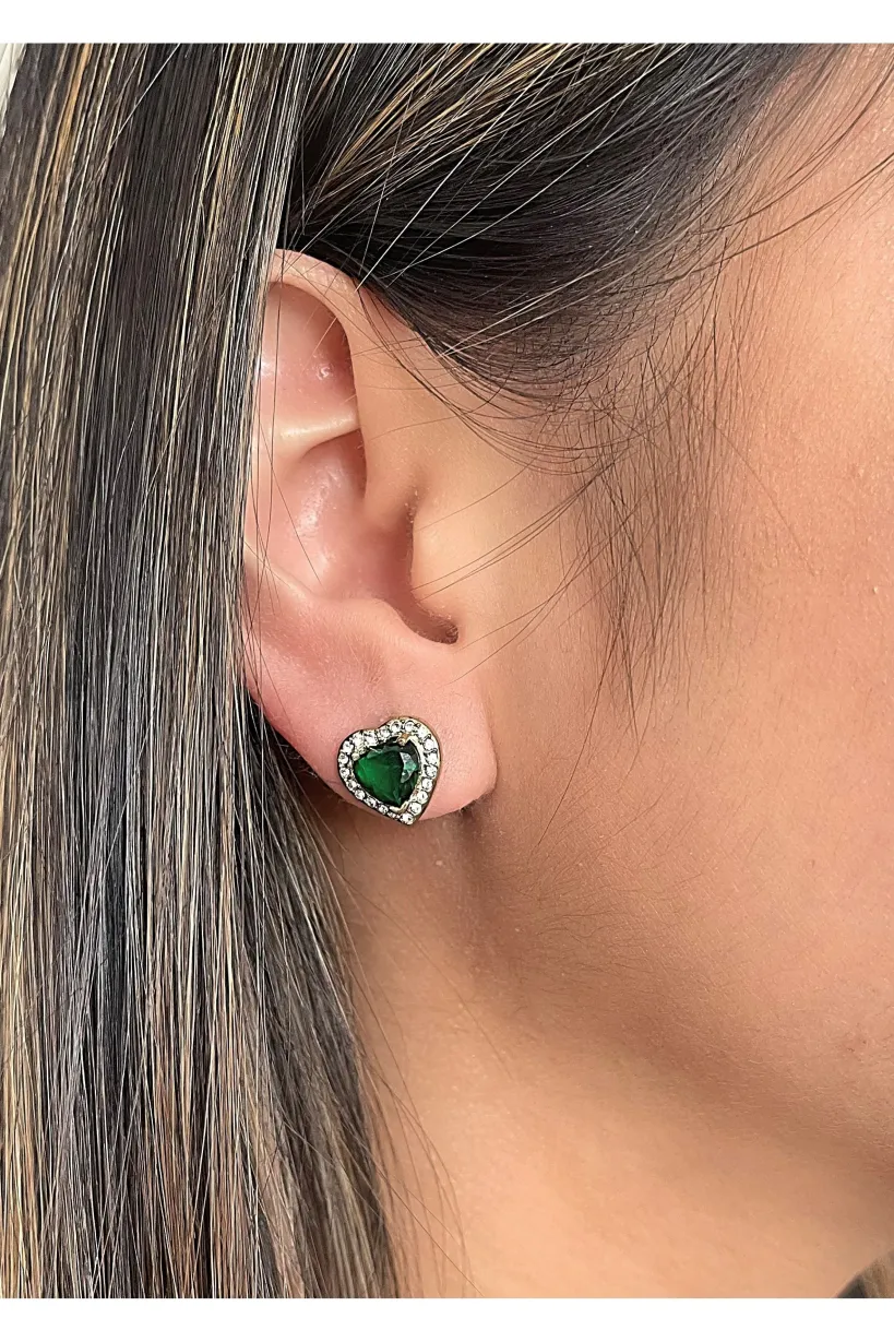 Emerald Green Diamante Heart Necklace And Earrings Set In Gold by SVNX