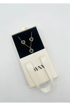 Emerald Green Diamante Heart Necklace And Earrings Set In Gold by SVNX