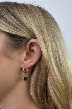 Emerald Green Heart Hoop Earrings In Gold by SVNX