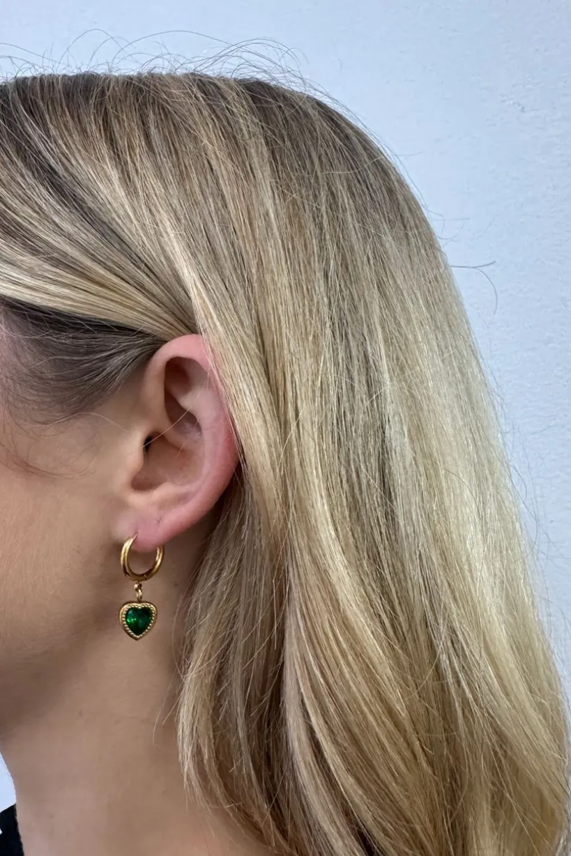 Emerald Green Heart Hoop Earrings In Gold by SVNX