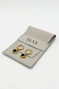 Emerald Green Heart Hoop Earrings In Gold by SVNX