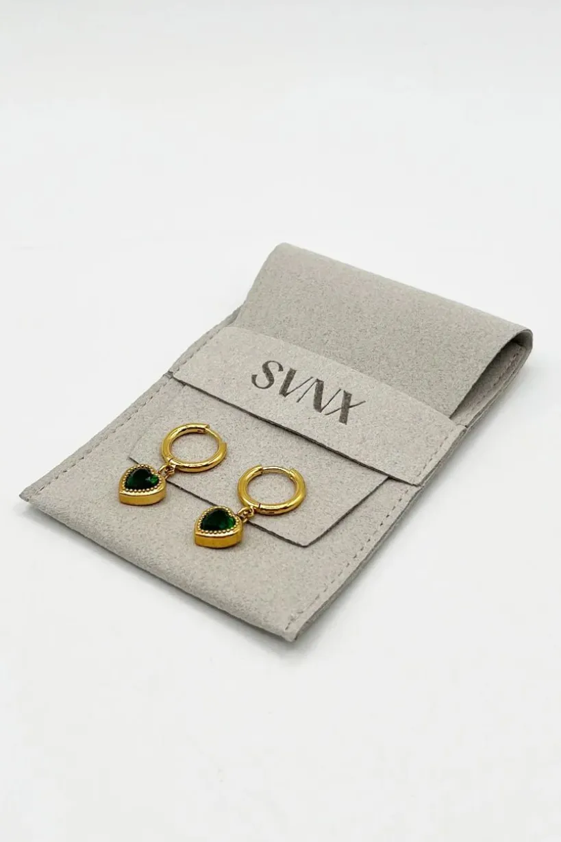 Emerald Green Heart Hoop Earrings In Gold by SVNX