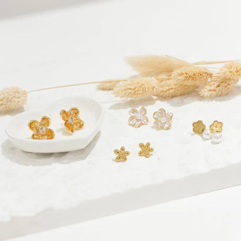 Etched Flower Stud In Gold With Faux Pearl Drop by Last True Angel