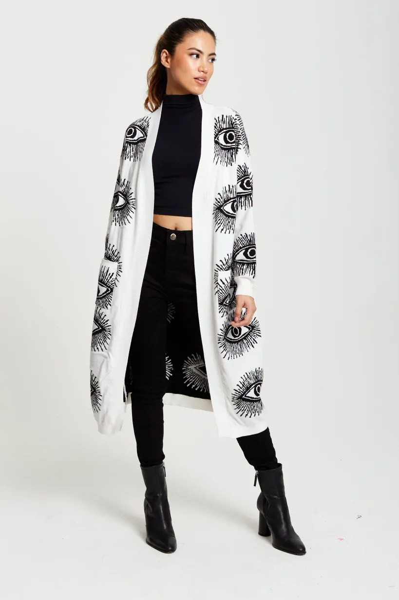 Eye Pattern Longline Cardigan In White by Liquorish