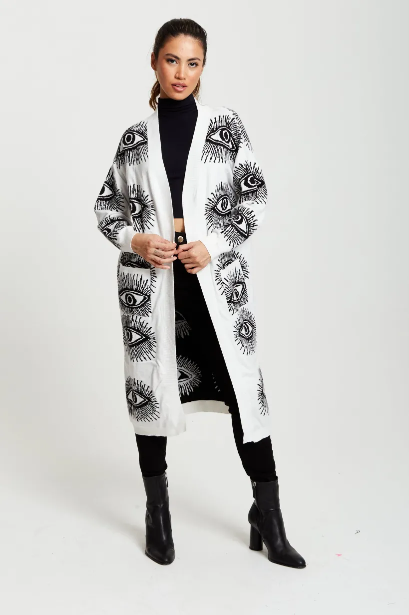 Eye Pattern Longline Cardigan In White by Liquorish