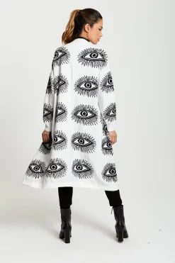 Eye Pattern Longline Cardigan In White by Liquorish