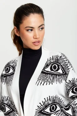 Eye Pattern Longline Cardigan In White by Liquorish