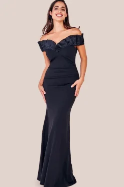Fan Pleated Bardot Scuba Crepe Maxi - Black by Goddiva