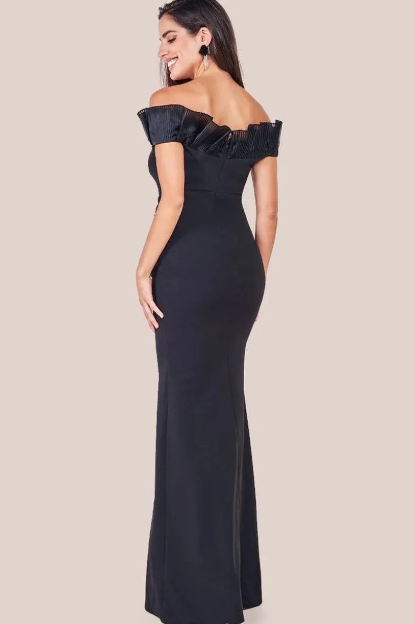 Fan Pleated Bardot Scuba Crepe Maxi - Black by Goddiva