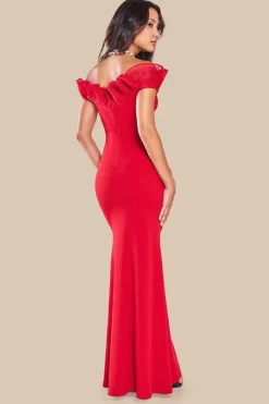 Fan Pleated Bardot Scuba Crepe Maxi - Red by Goddiva