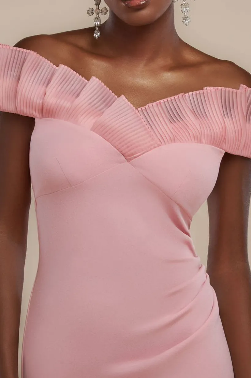 Fan Pleated Bardot Scuba Crepe Maxi Dress - Blush Pink by Goddiva