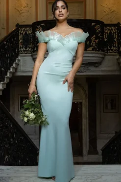 Fan Pleated Bardot Scuba Crepe Maxi Dress - Mint Green by Goddiva