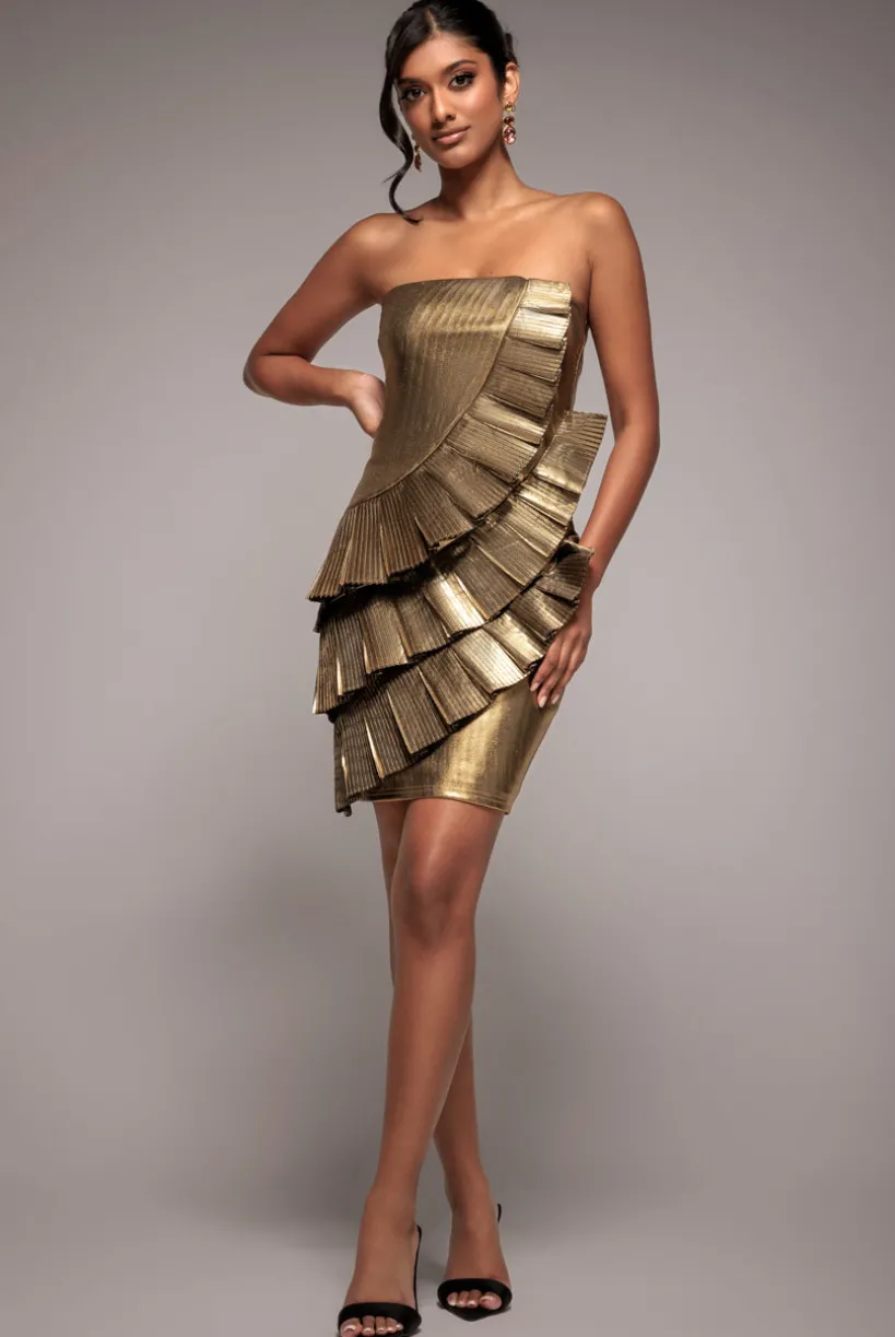 Fan Pleated Boobtube Scuba Crepe Mini - Gold by Goddiva