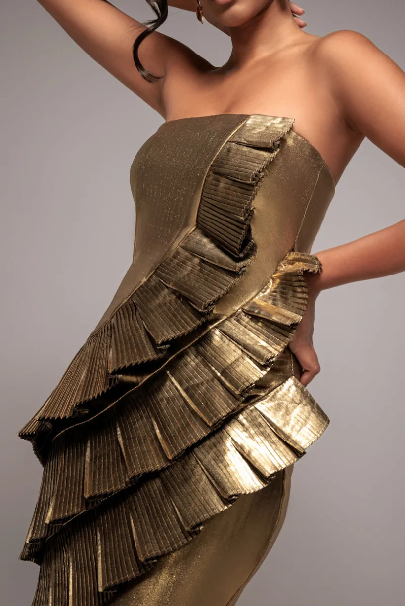 Fan Pleated Boobtube Scuba Crepe Mini - Gold by Goddiva