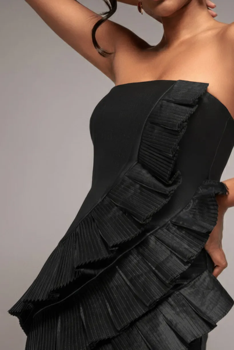 Fan Pleated Boobtube Scuba Crepe Mini - Black by Goddiva