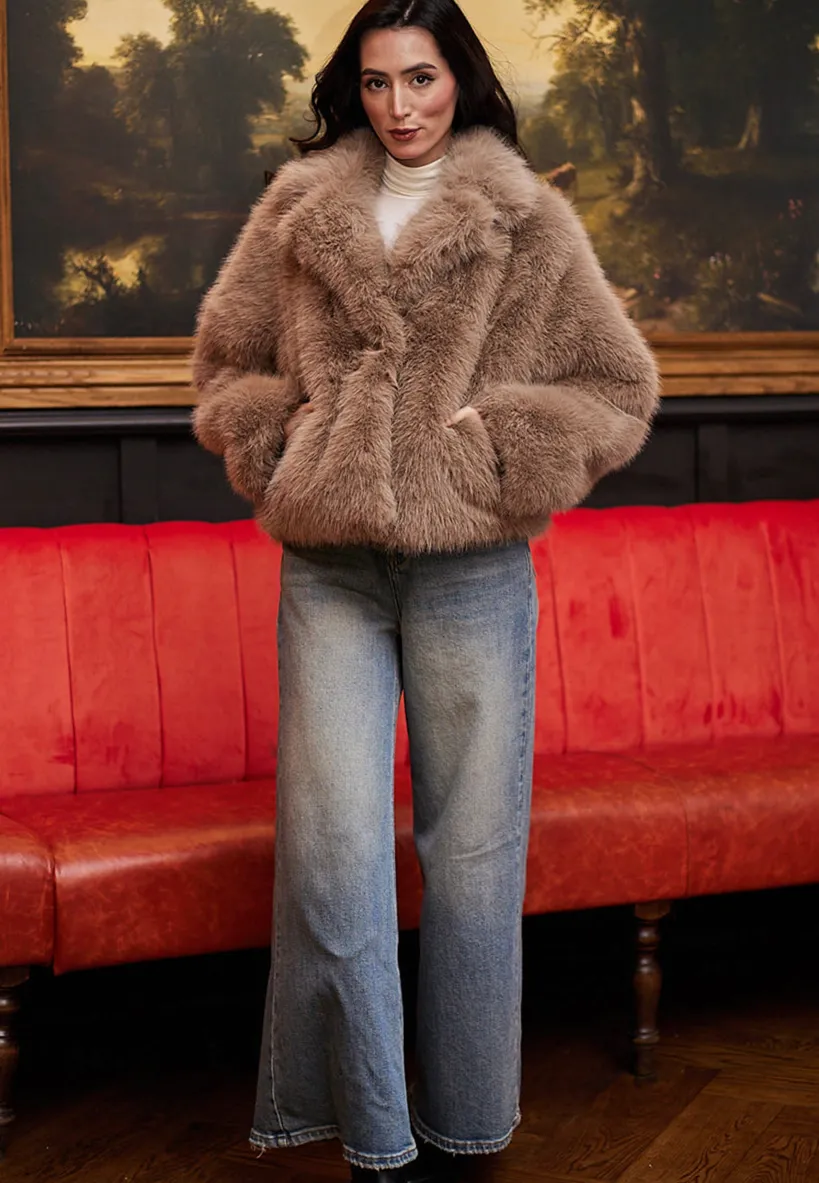 Faux Fur Short Coat In Coffee by Angeleye