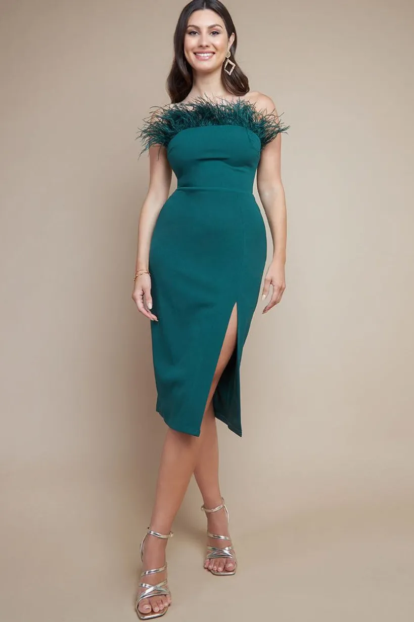 Feather Boobtube Midi Dress - Emerald Green by Goddiva