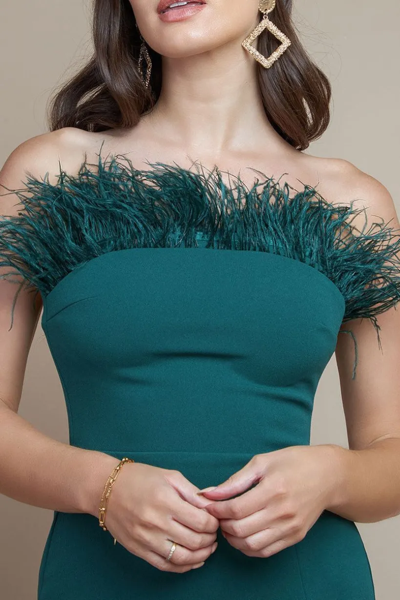 Feather Boobtube Midi Dress - Emerald Green by Goddiva