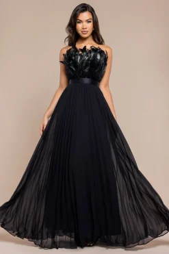 Feather Off The Shoulder Pleated Evening Maxi Dress - Black by Goddiva