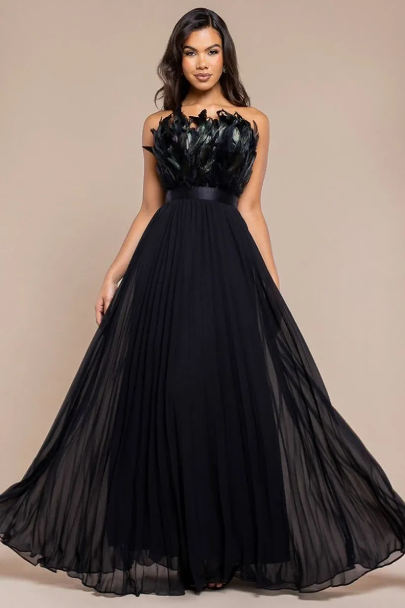 Feather Off The Shoulder Pleated Evening Maxi Dress - Black by Goddiva
