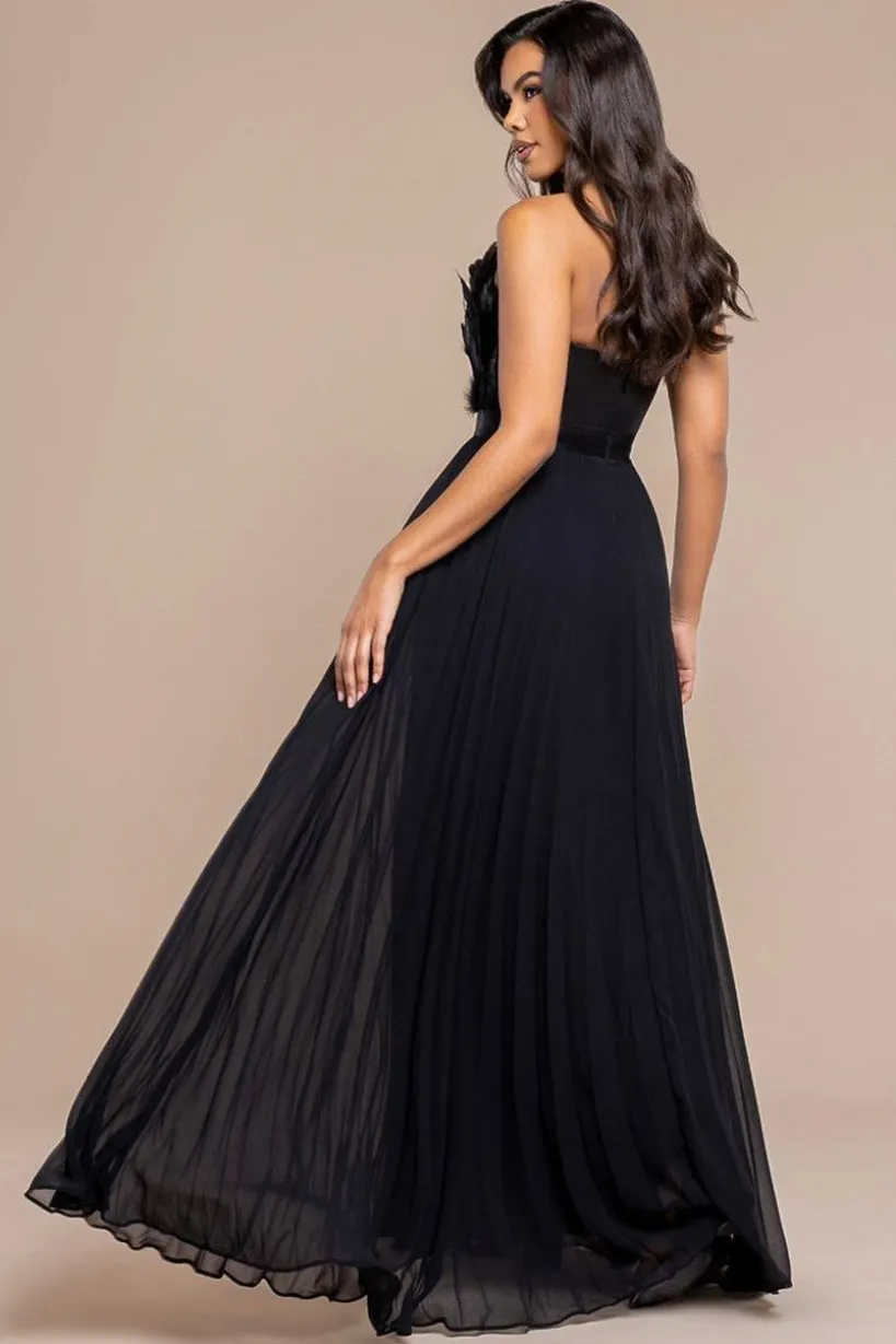 Feather Off The Shoulder Pleated Evening Maxi Dress - Black by Goddiva