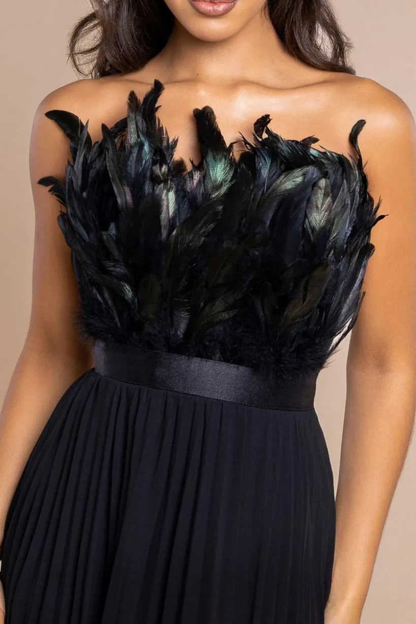 Feather Off The Shoulder Pleated Evening Maxi Dress - Black by Goddiva