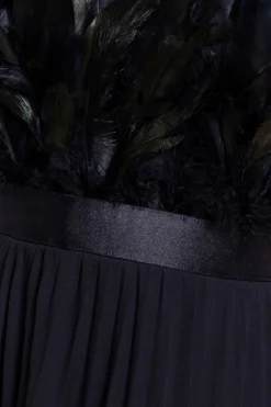 Feather Off The Shoulder Pleated Evening Maxi Dress - Black by Goddiva