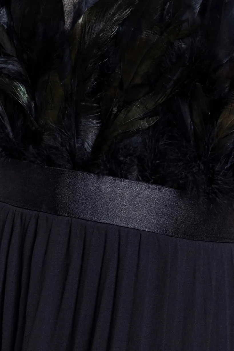 Feather Off The Shoulder Pleated Evening Maxi Dress - Black by Goddiva