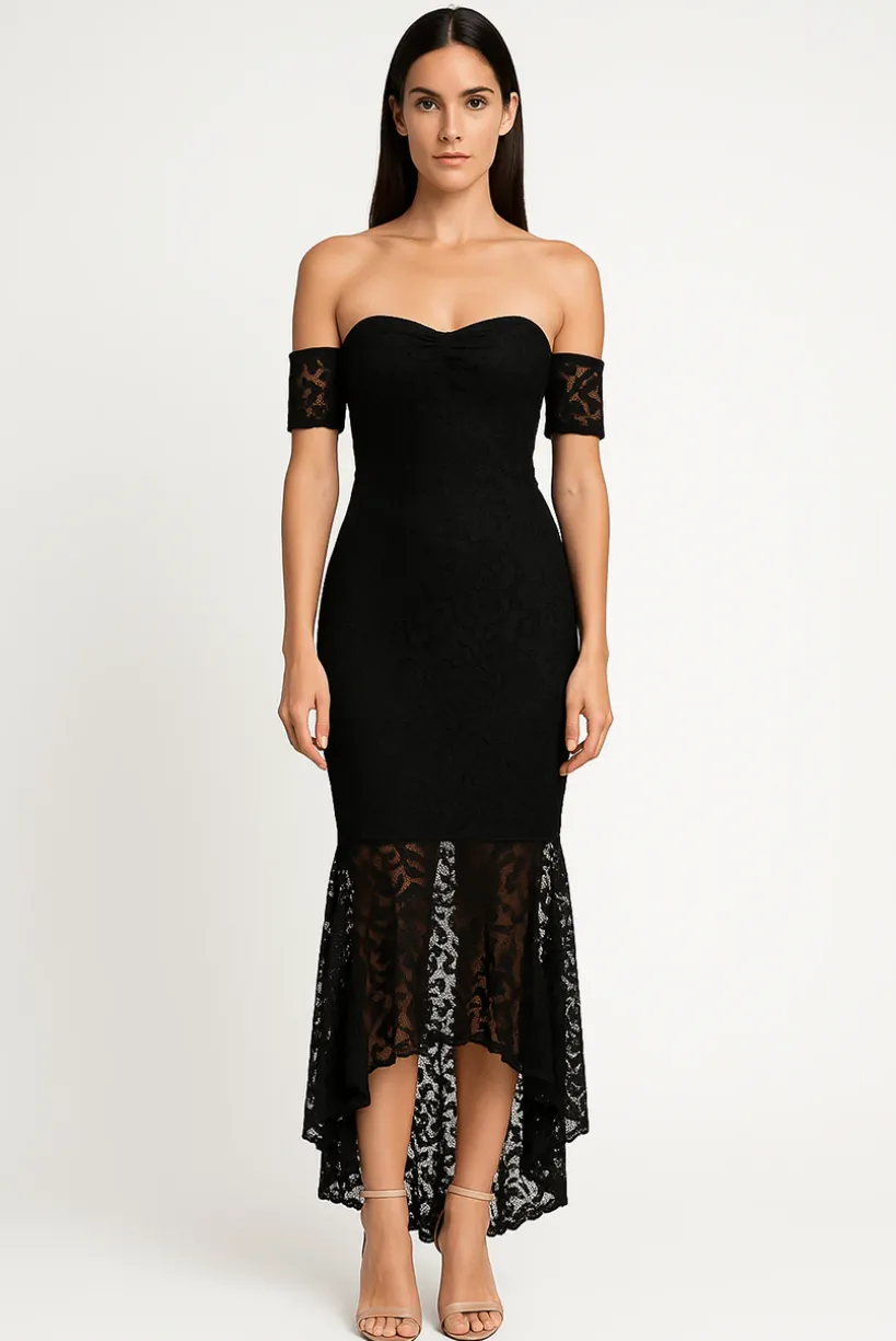 Fishtail Style Hem Off Shoulder Slim Fit Lace Midi Dress by Avinci