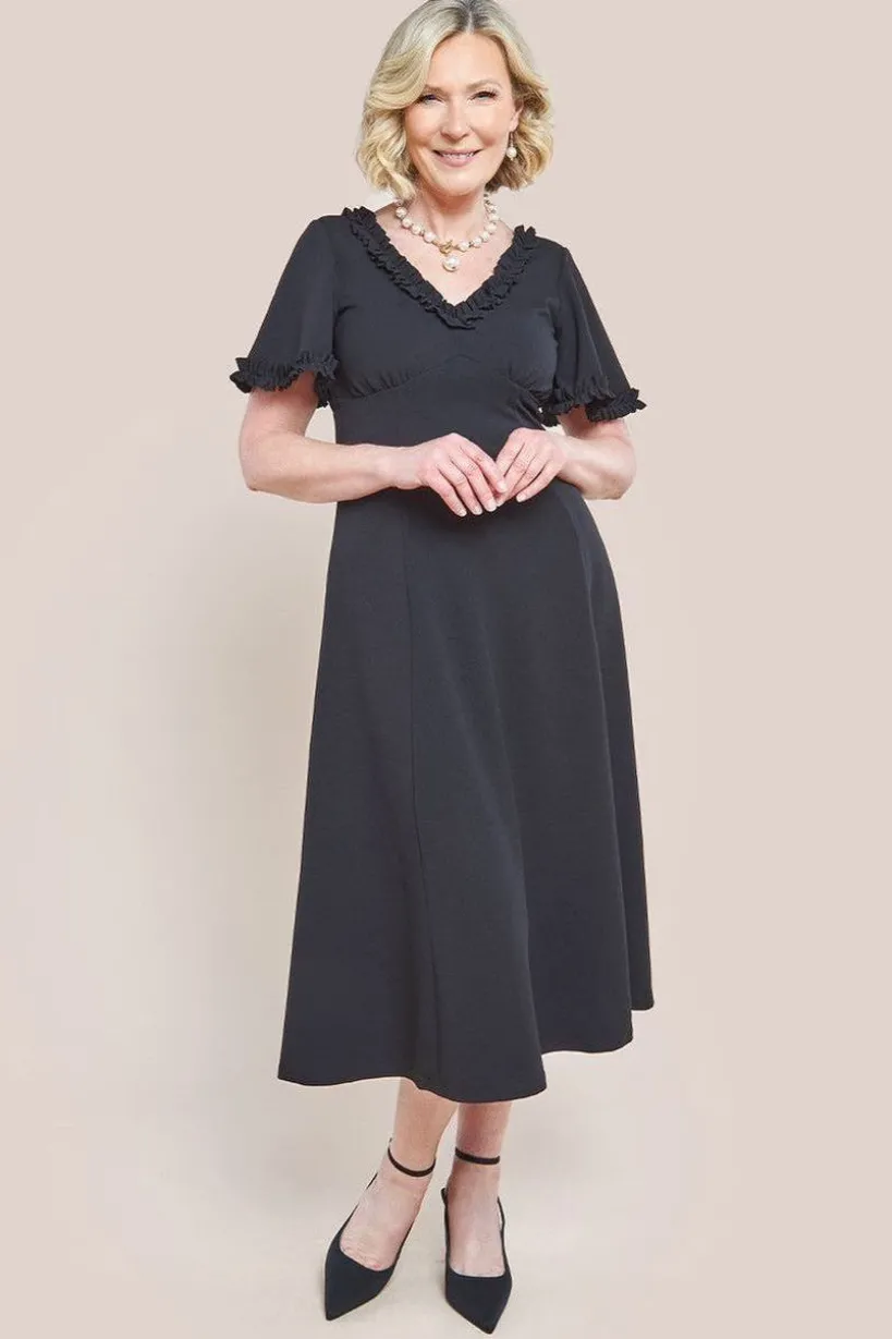Flare Sleeve Frill Edge Midi Dress - Black by Goddiva