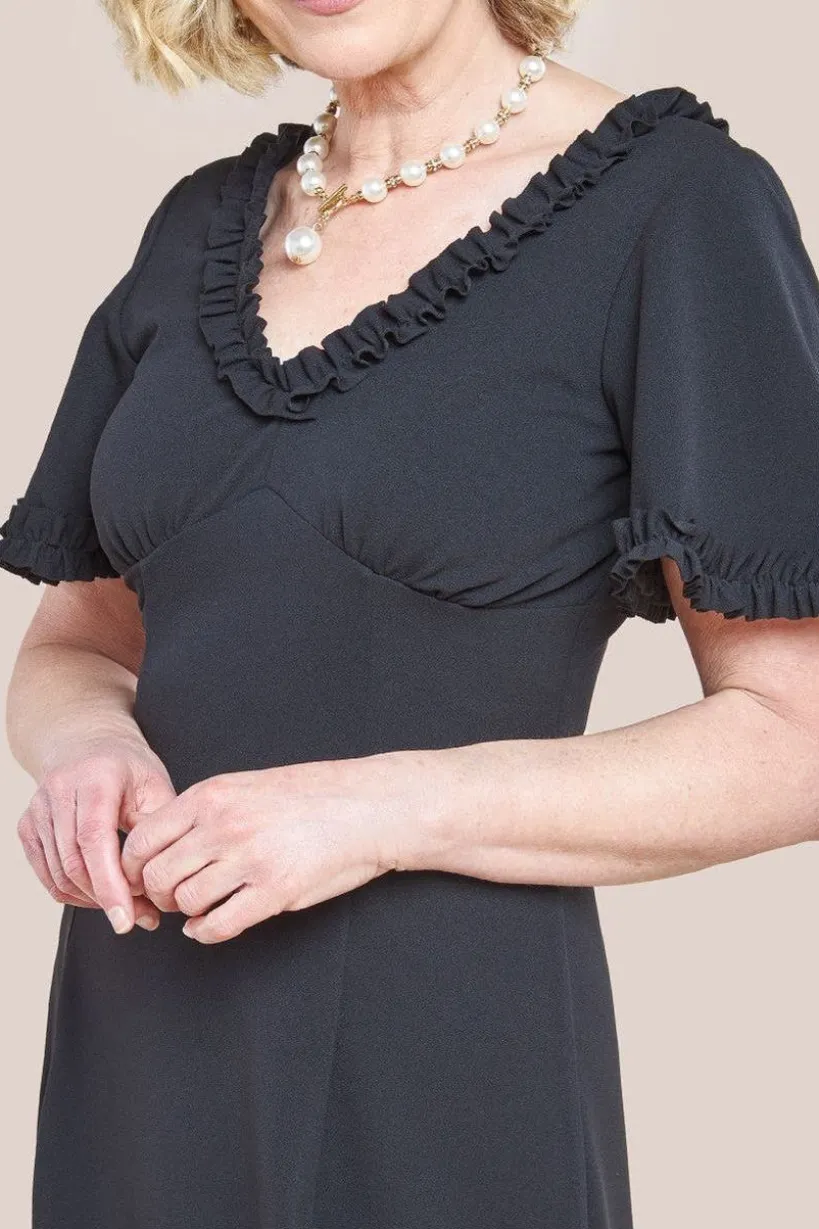 Flare Sleeve Frill Edge Midi Dress - Black by Goddiva