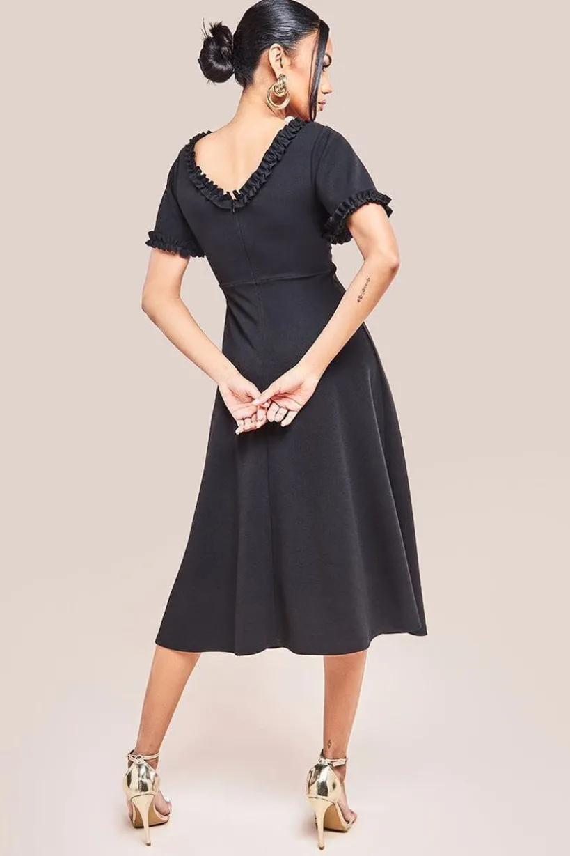 Flare Sleeve Frill Edge Midi Dress - Black by Goddiva