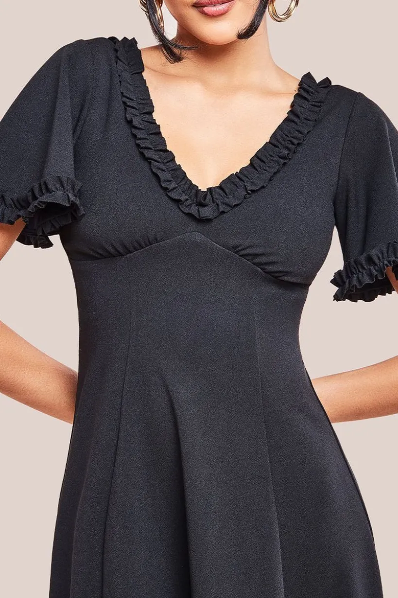 Flare Sleeve Frill Edge Midi Dress - Black by Goddiva