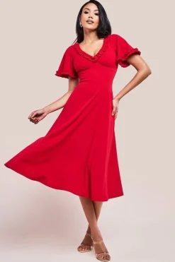 Flare Sleeve Frill Edge Midi Dress - Red by Goddiva