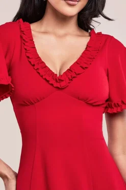 Flare Sleeve Frill Edge Midi Dress - Red by Goddiva