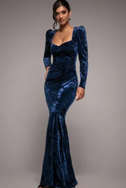 Flared Hem Ice Velvet Maxi - Navy by Goddiva